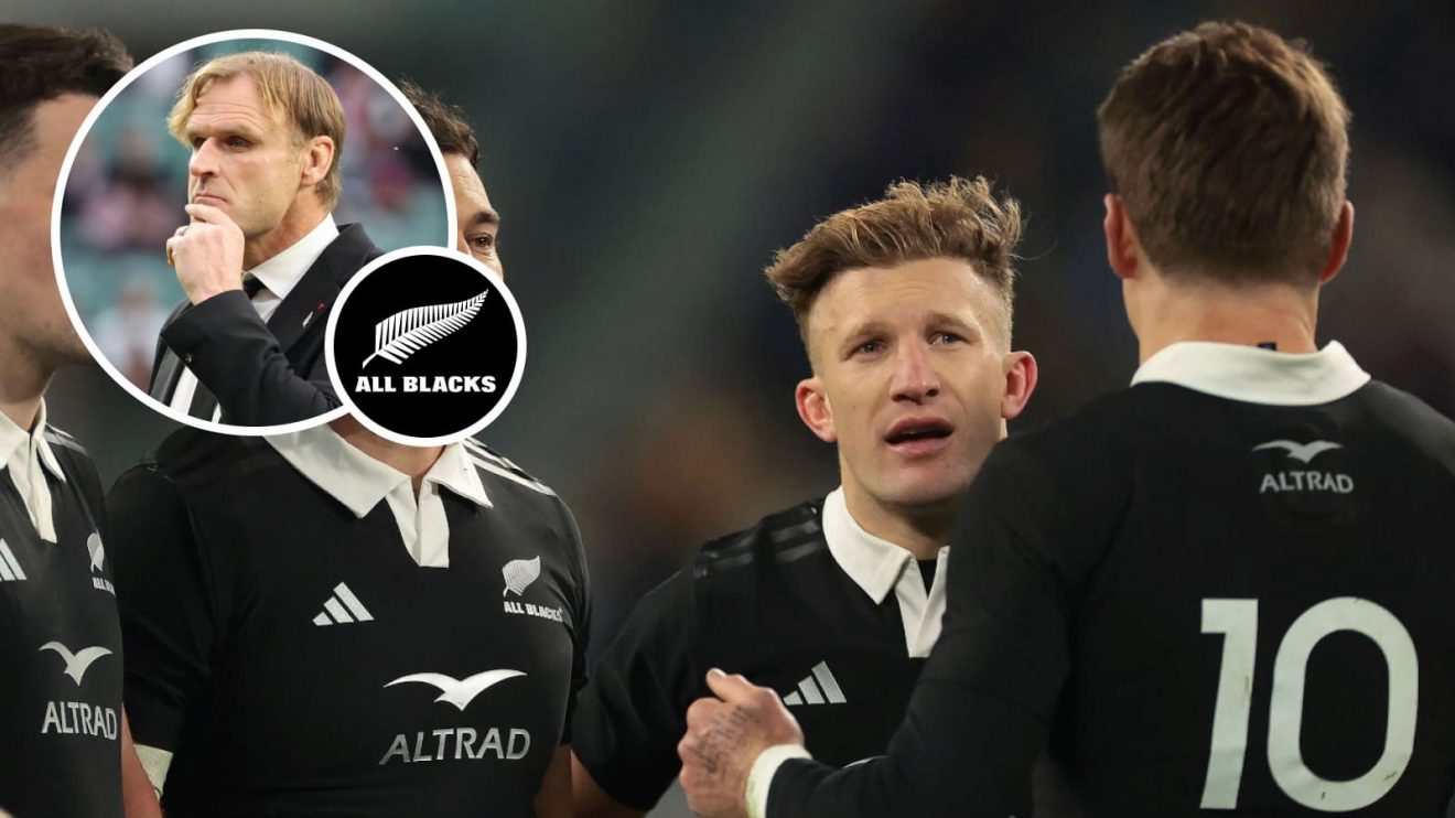 Beauden Barrett and Damian McKenzie chatting during Test and All Blacks head coach Scott Robertson (inset).