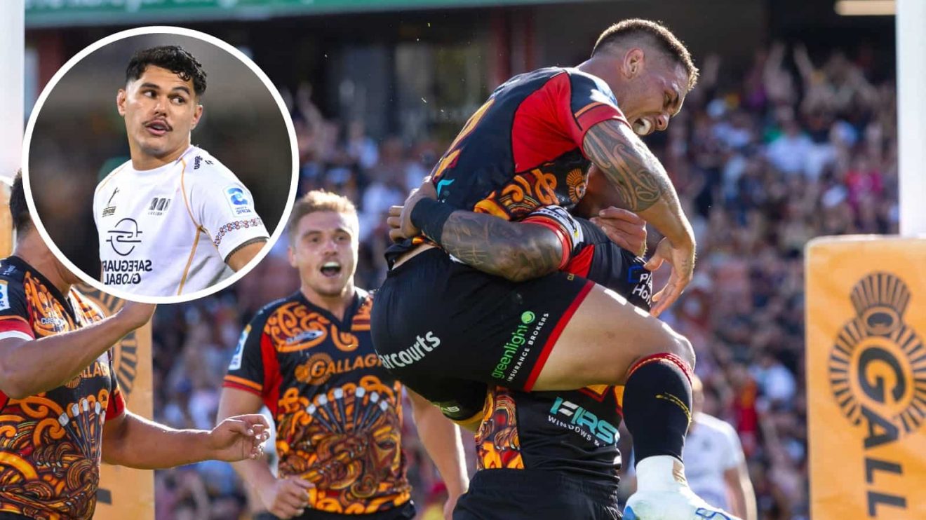 Chiefs players celebrate a try and an inset of Brumbies fly-half Noah Lolesio.