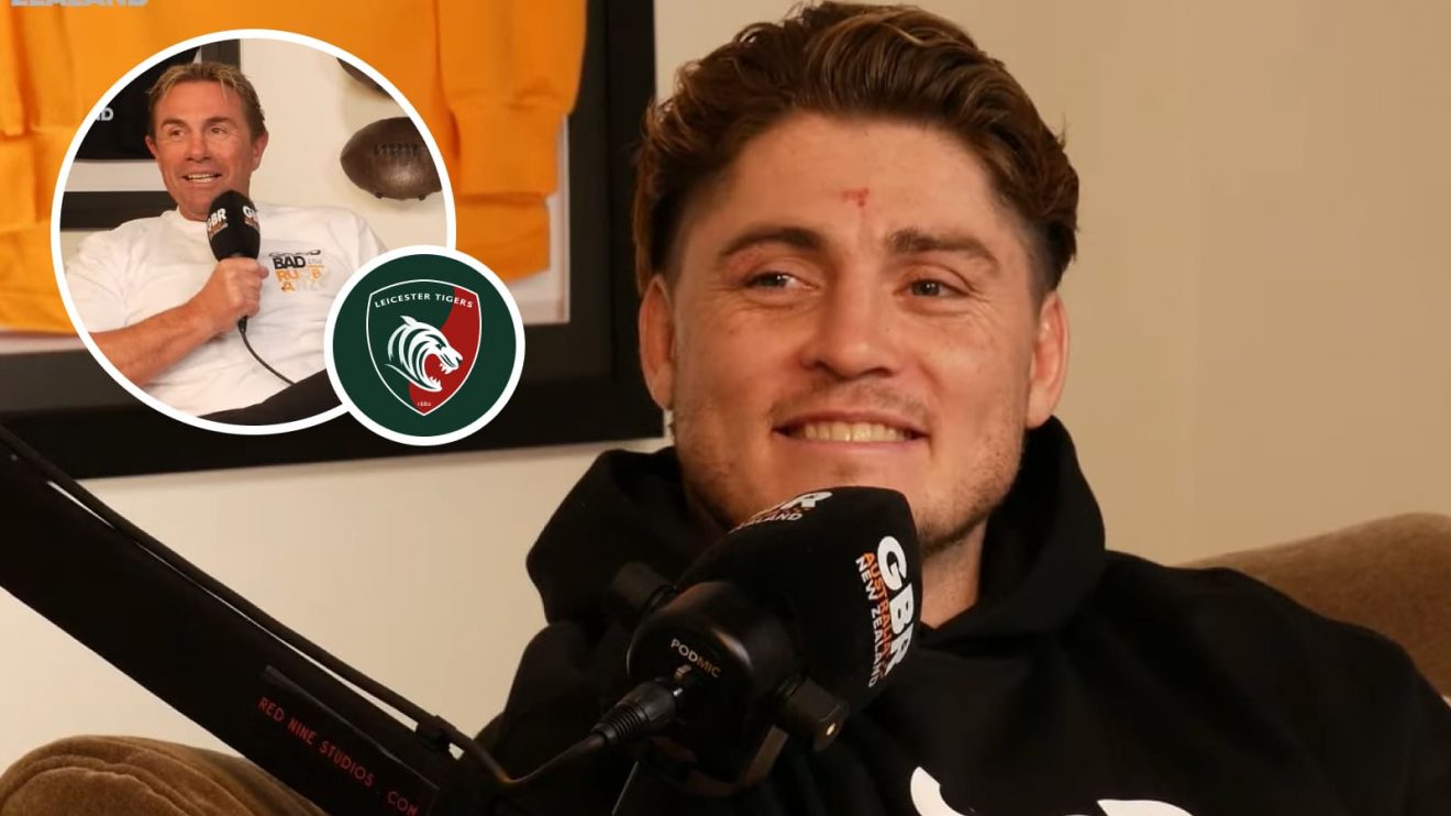 Wallabies fly-half James O'Connor and an inset of Justin Marshal with the Leicester Tigers logo