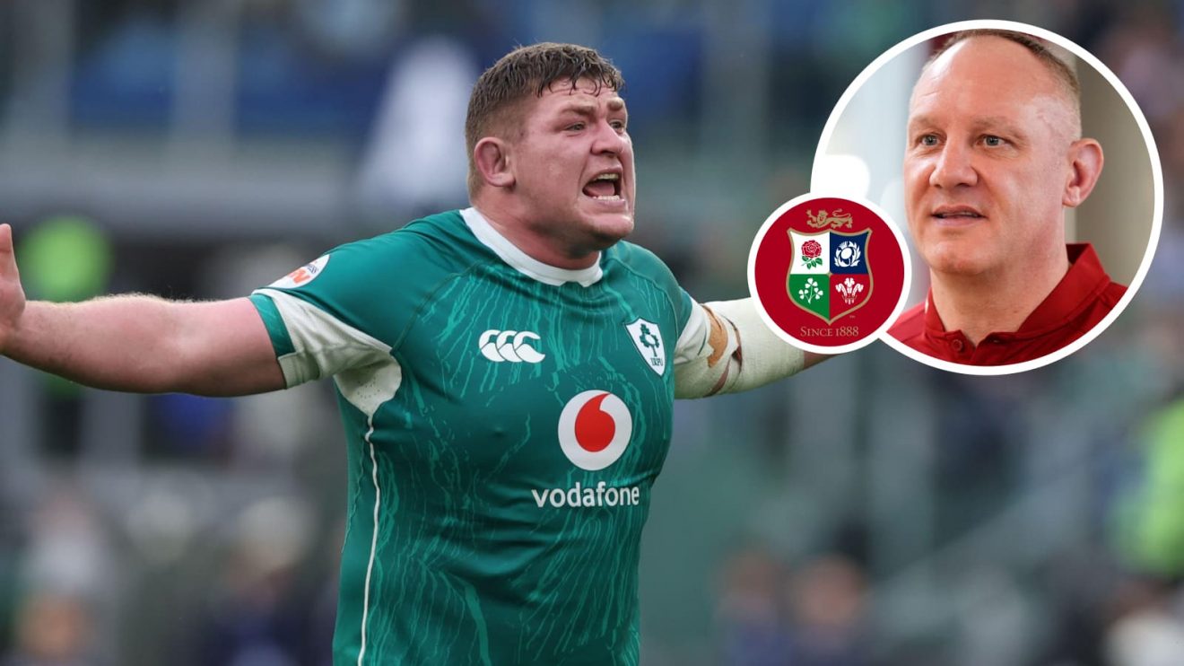 Ireland prop Tadhg Furlong and an inset of British and Irish Lions assistant coach John Dalziel.