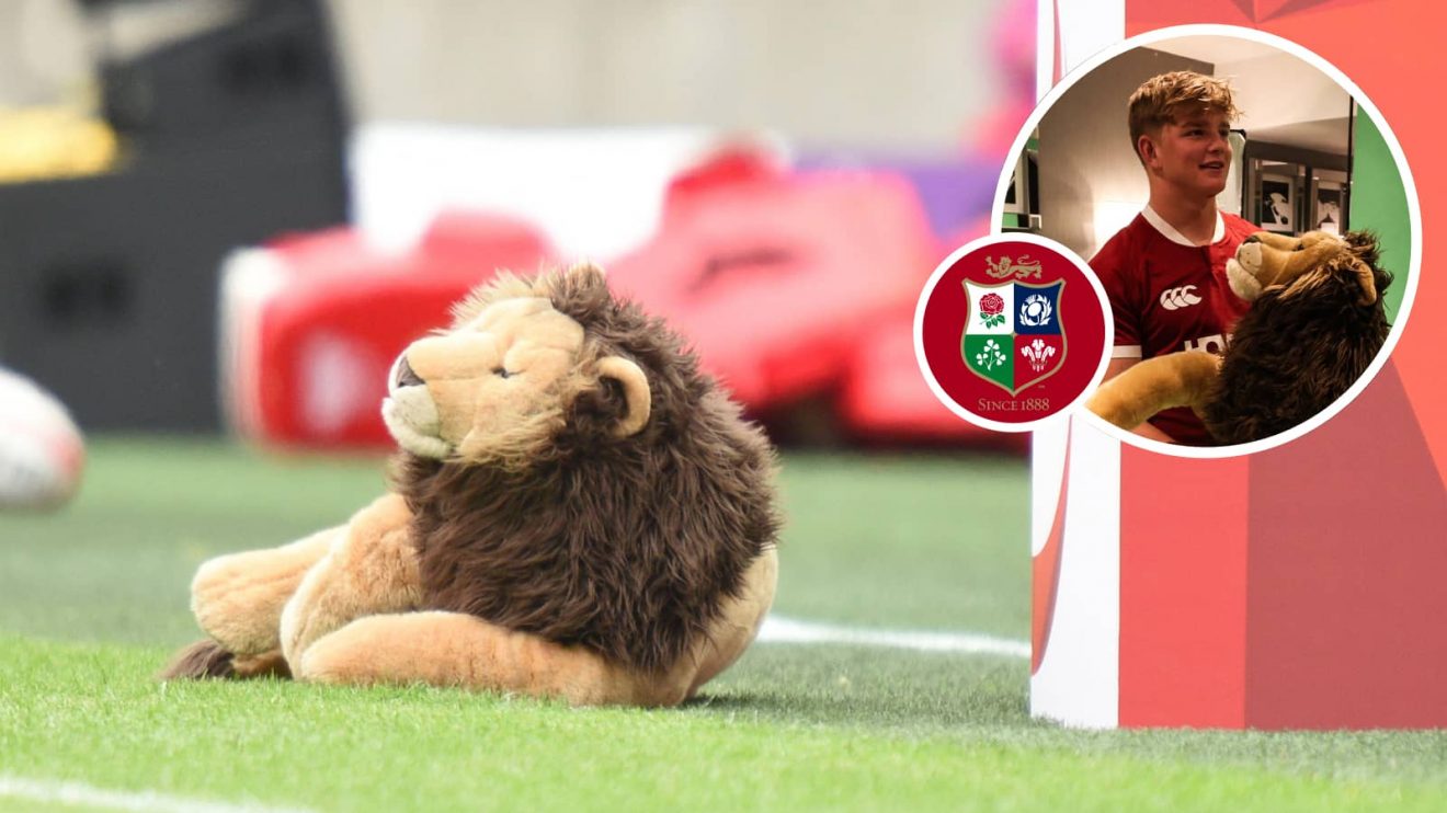 British and Irish Lions mascot BIL and an inset of Henry Pollock.