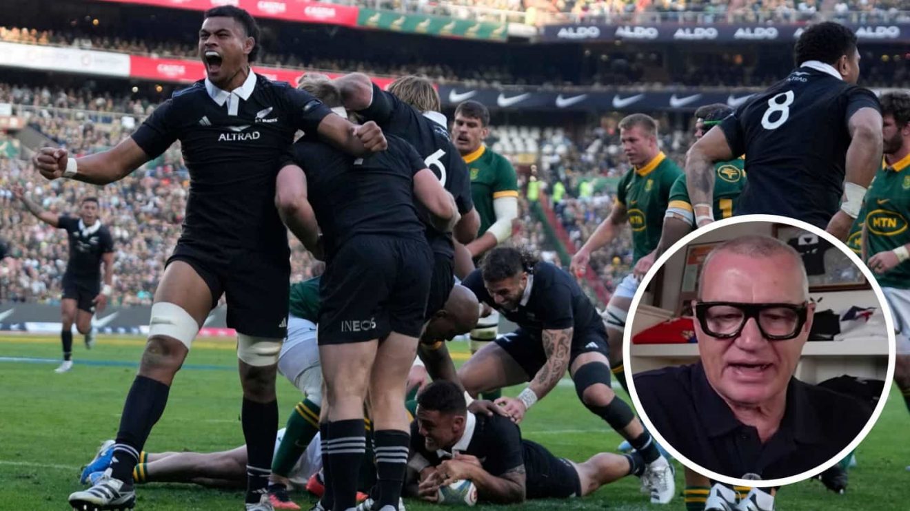 All Blacks celebrating try against Springboks and former New Zealand wing Sir John Kirwan (inset).