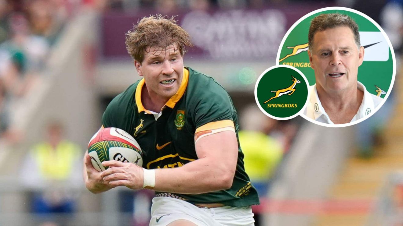 Springboks forward Evan Roos and an inset of head coach Rassie Erasmus.