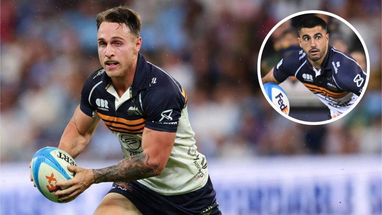 Corey Toole and Tom Wright (inset) in action for the Brumbies in Super Rugby Pacific in 2025.