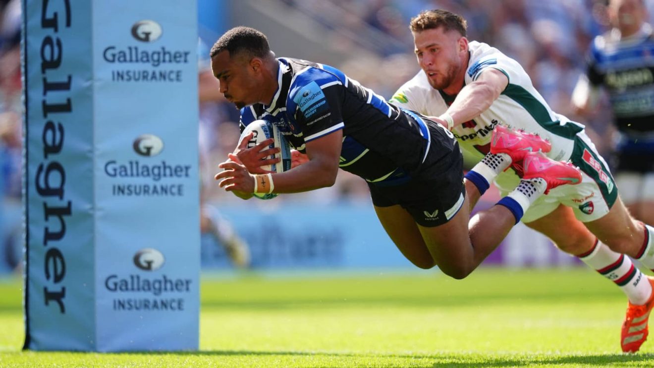 Max Ojomoh try for Bath v Leicester in Premiership final.