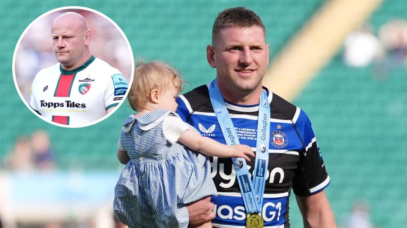 Bath's Finn Russell and an inset of Leicester Tigers prop Dan Cole.