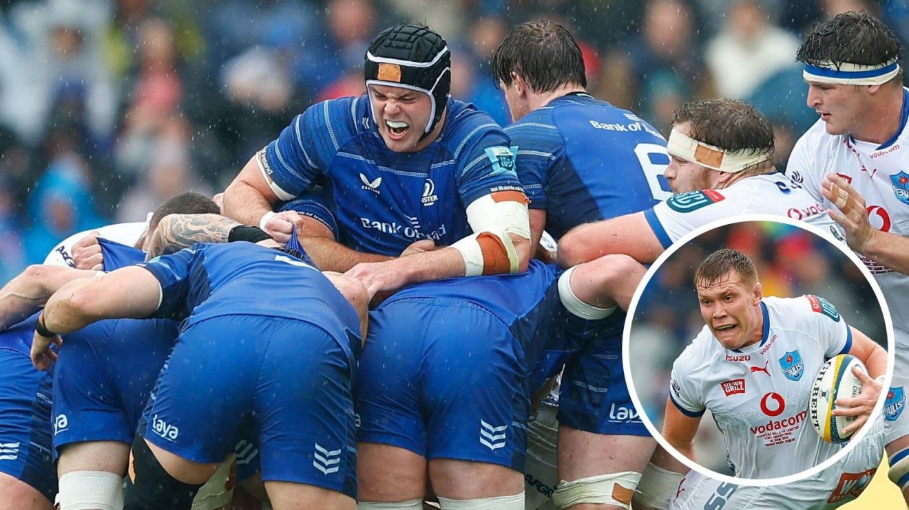 A two layered image of a Leinster maul with Cobus Wiese