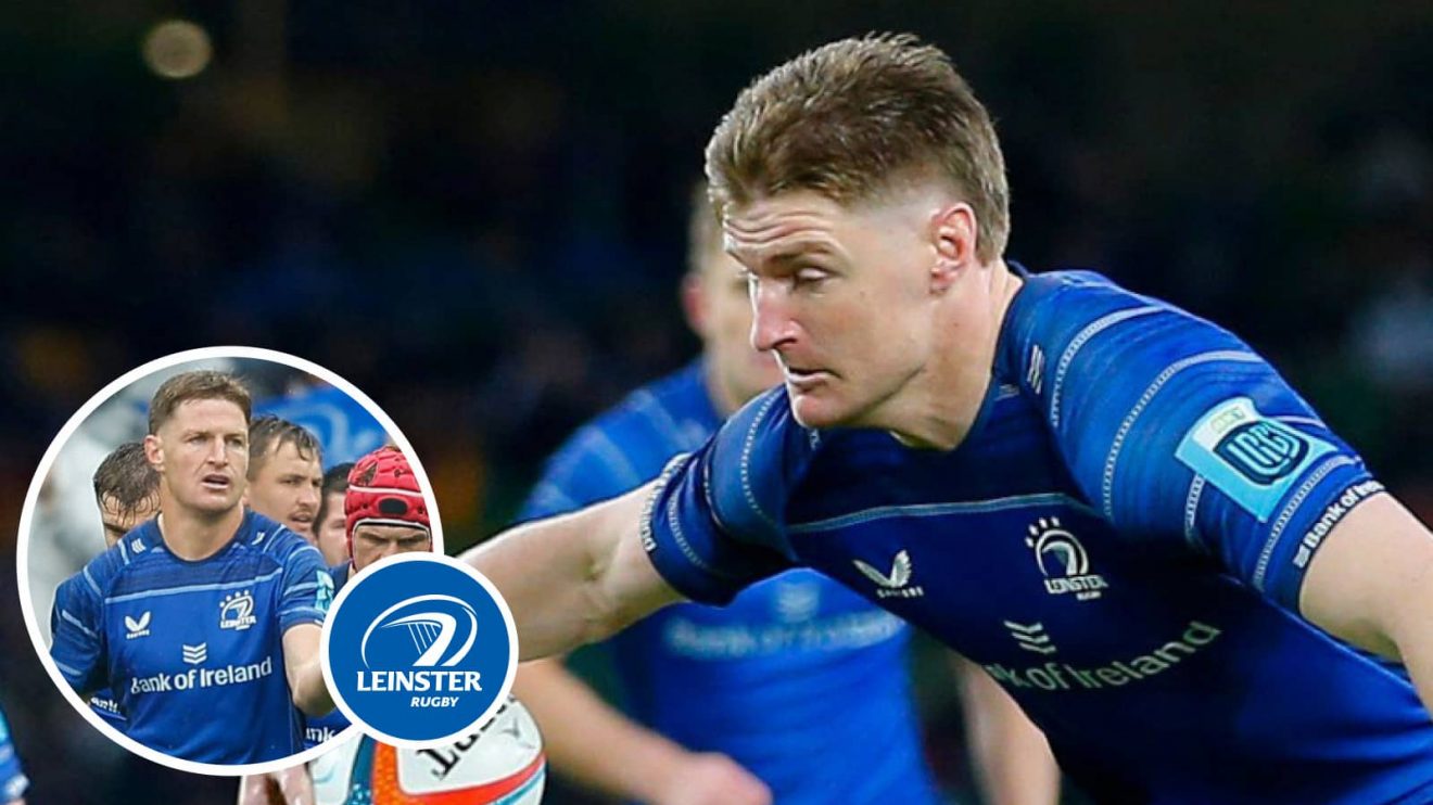 Jordie Barrett in action for Leinster in the United Rugby Championship and celebrating his try (inset) in the final.