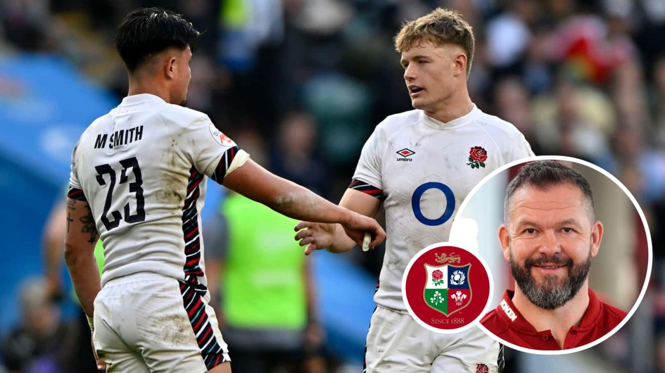 England stars Marcus Smith and Fin Smith with an inset of British and Irish Lions head coach Andy Farrell.