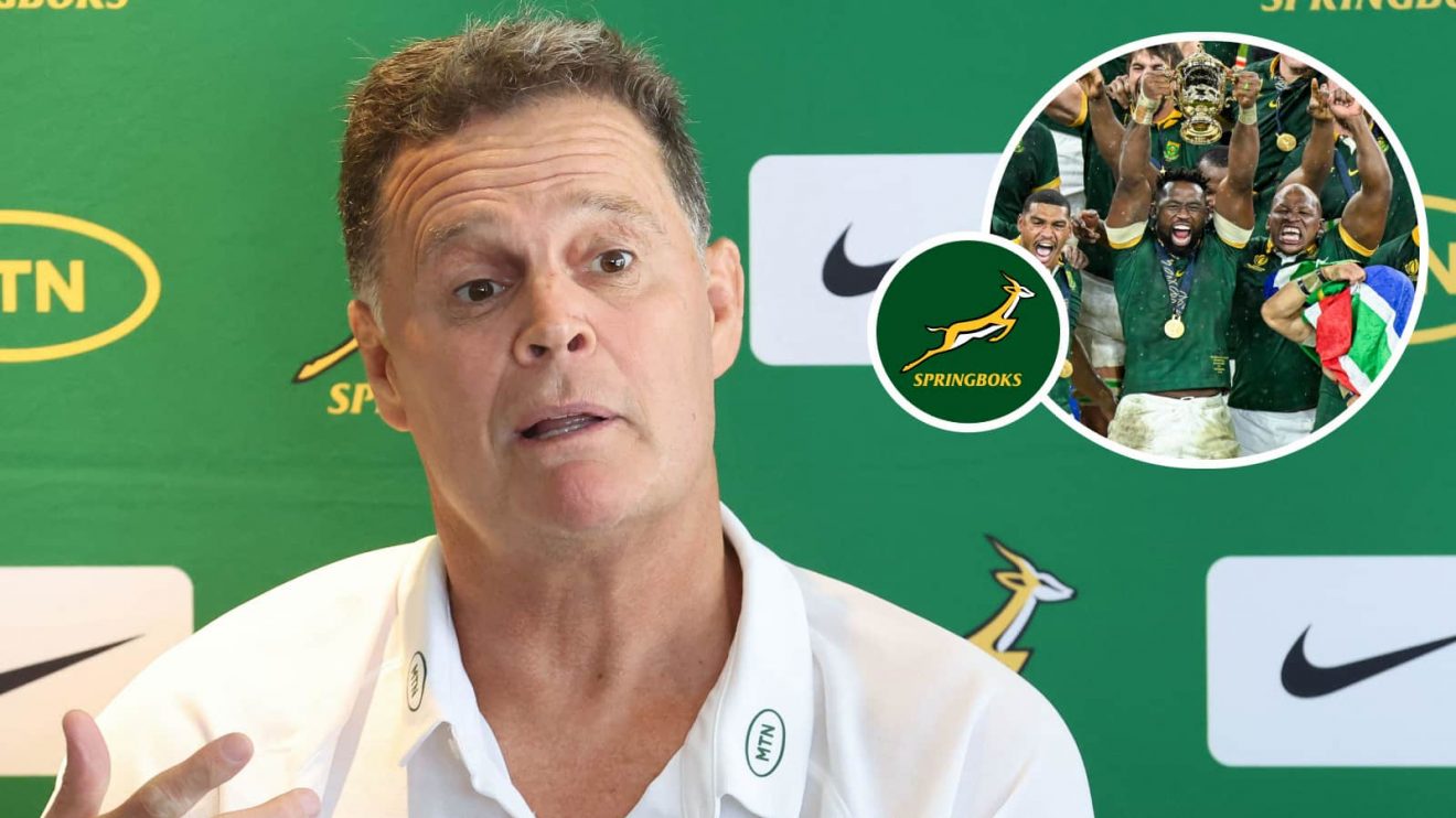Springboks head coach Rassie Erasmus and players celebrating the 2023 Rugby World Cup success (inset).