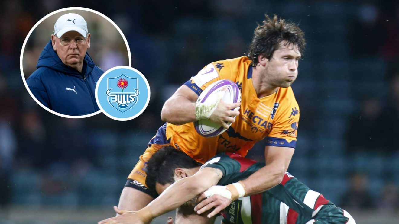 Montpellier back Jan Serfontein and an inset of Bulls head coach Jake White