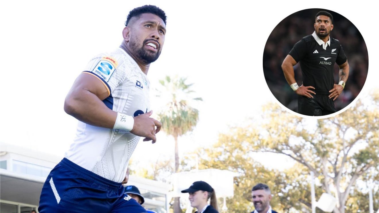 Star back-rower Ardie Savea in action for Moana Pasifika and the All Blacks (inset).