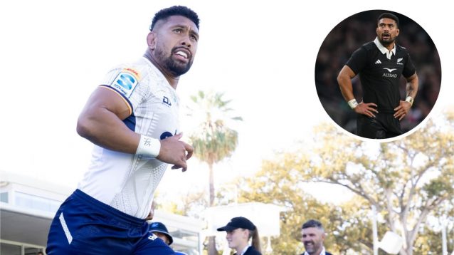 Star back-rower Ardie Savea in action for Moana Pasifika and the All Blacks (inset).