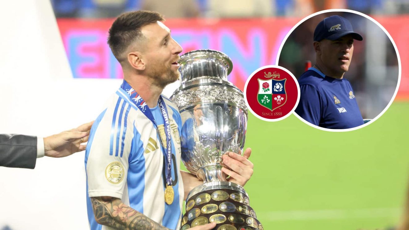 Lionel Messi and an inset of Los Pumas head coach Felipe Contepomi.