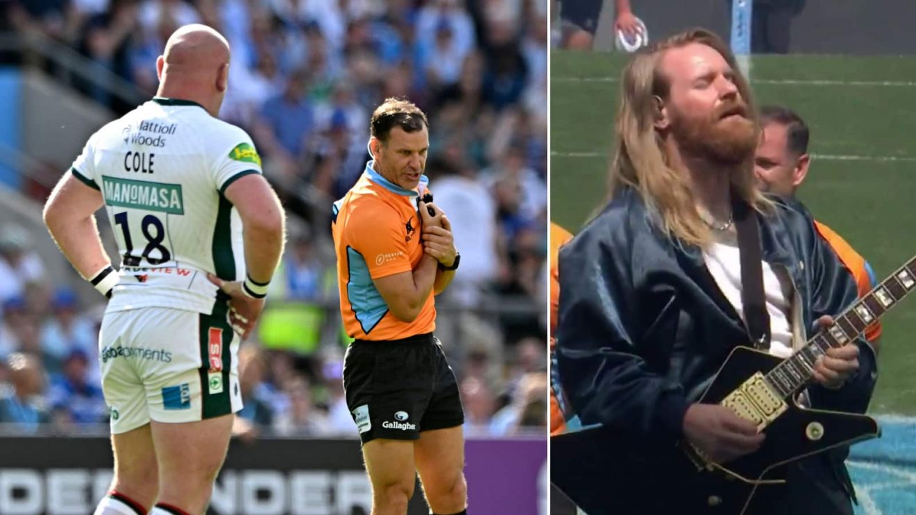 Dan Cole and Karl Dickson during the Premiership Final and Sam Ryder performing God Save the King.