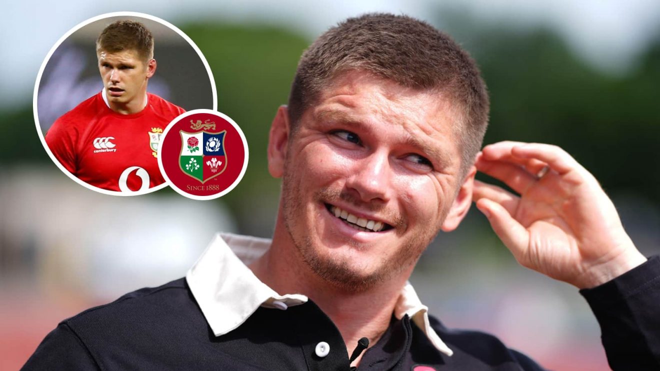 Saracens fly-half Owen Farrell and an inset of him playing for the British and Irish Lions.