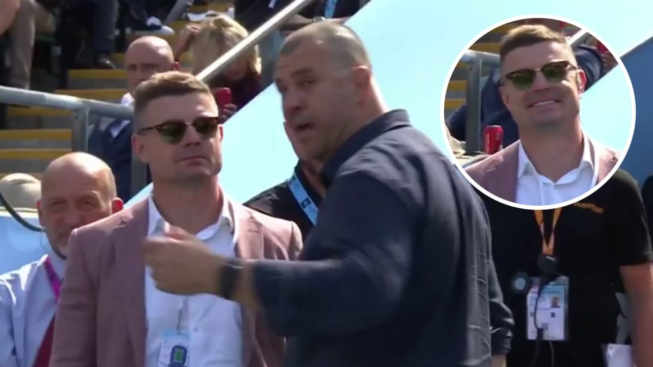 Michael Cheika and Brian O'Driscoll during the Premiership Final at Allianz Stadium in Twickenham.