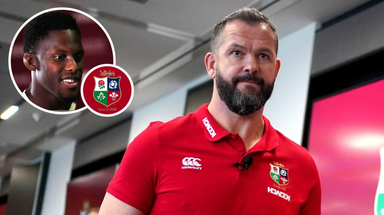 British and Irish Lions head coach Andy Farrell and an inset of Maro Itoje