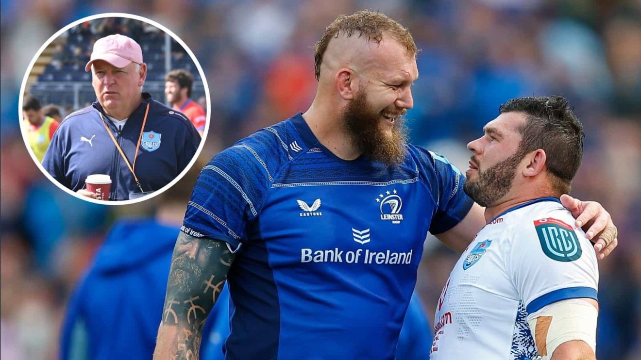 Leinster lock RG Snyman and an inset of Bulls head coach Jake White.