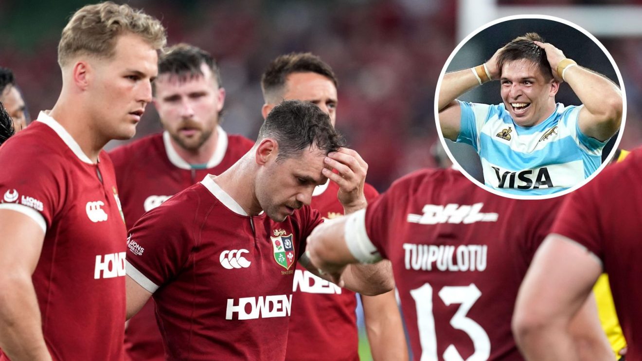 A two layer image of the British and Irish Lions and Los Pumas following their entertaining game in Dublin