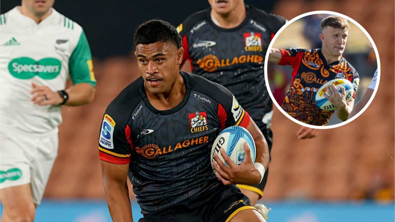 Tupou Vaa’i and an inset of Chiefs playmaker Damian McKenzie.