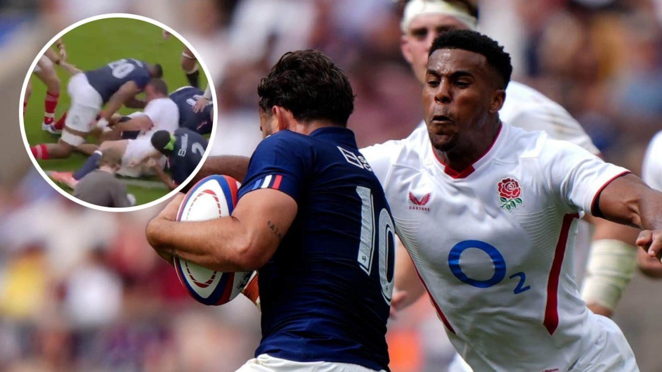 England's Immanuel Feyi-Waboso tackles France's Antoine Hastoy and an inset of Cameron Woki.