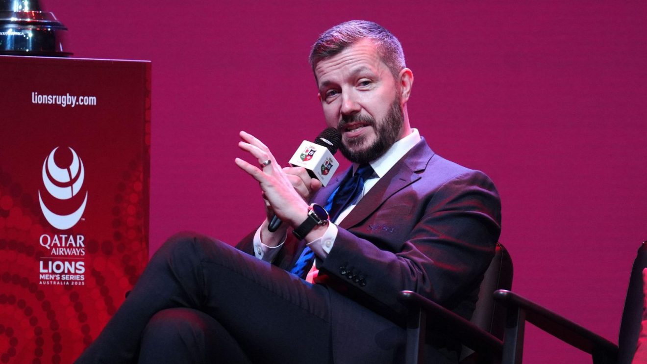 Lions chief executive Ben Calveley speaking to fans in 2025