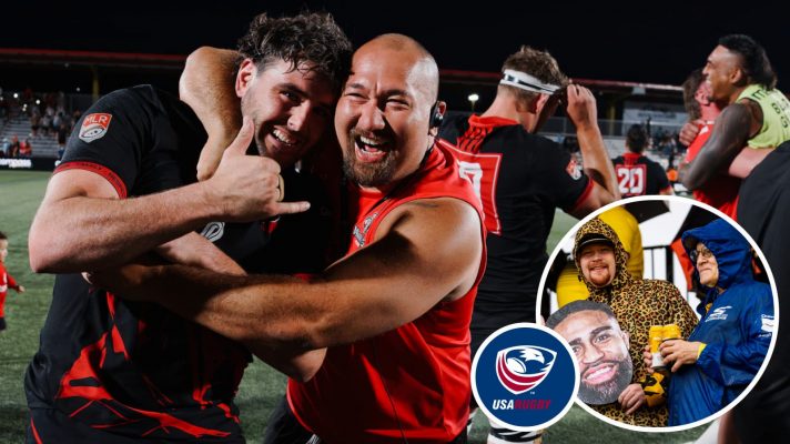 Frank Lochore is embraced by Utah forwards coach Robbie Abel. (Image credits Davey Wilson and Oscar Herrera)