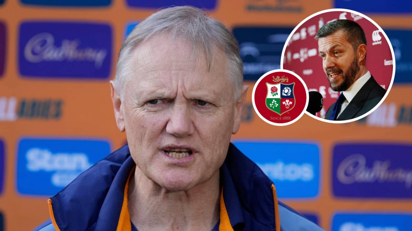Wallabies head coach Joe Schmidt and an inset of British and Irish Lions CEO Ben Calveley.