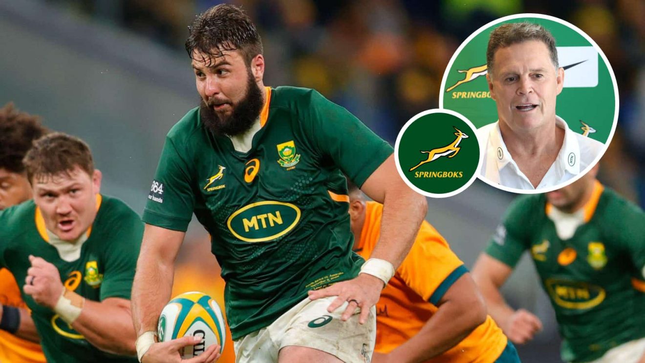 Springboks lock Lood de Jager and an inset of head coach Rassie Erasmus.
