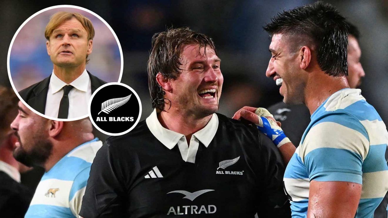 All Blacks back-rower Ethan Blackadder and an inset of head coach Scott Robertson.