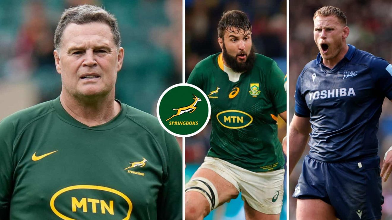 Springboks forwards Lood de Jager and Jean-Luc du Preez and head coach Rassie Erasmus.