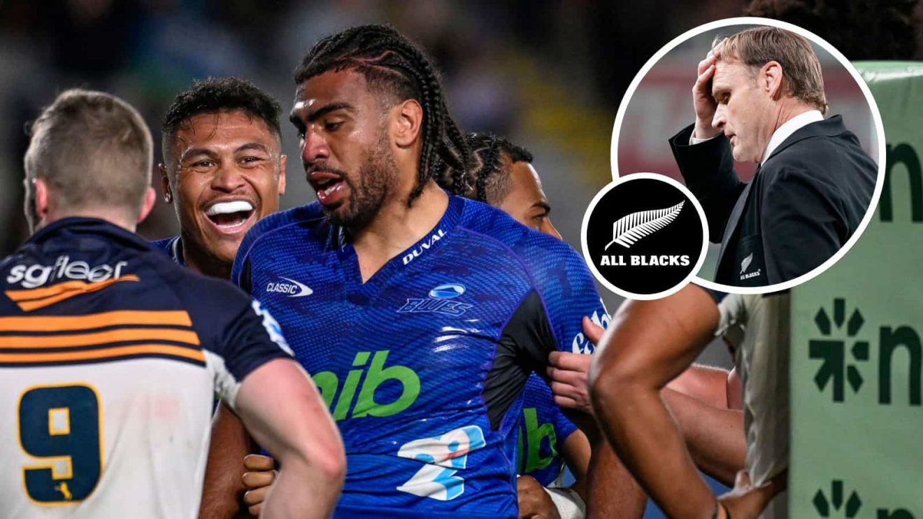 Blues back-rower Hoskins Sotutu and an inset of All Blacks head coach Scott Robertson.