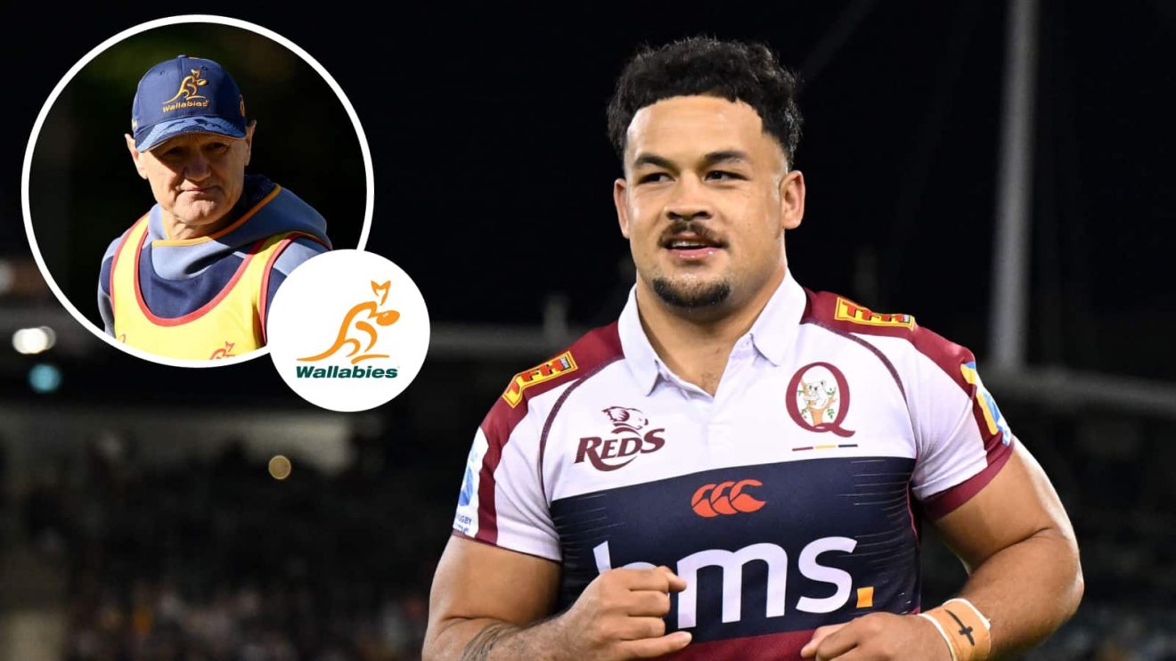 Queensland Reds centre Hunter Paisami and an inset of Wallabies head coach Joe Schmidt.