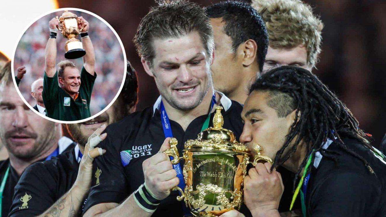All Blacks captain Richie McCaw and Ma’a Nonu hold the Rugby World Cup in 2011 with an inset of Springboks captain Francois Pienaar in 1995.