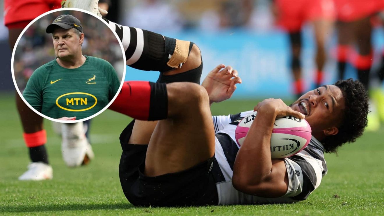 Leicester Fainga'anuku of the Barbarians and an inset of Springboks boss Rassie Erasmus.