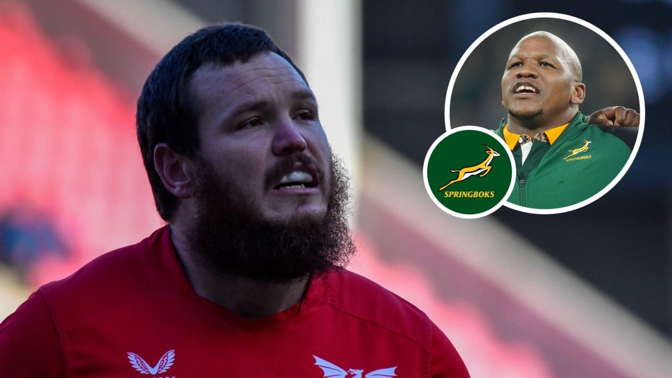 Scarlets hooker Marnus van der Merwe and an inset of Springboks forward Bongi Mbonambi.