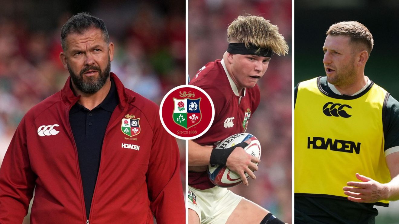 A three panel image of Andy Farrell, Henry Pollock and Finn Russell
