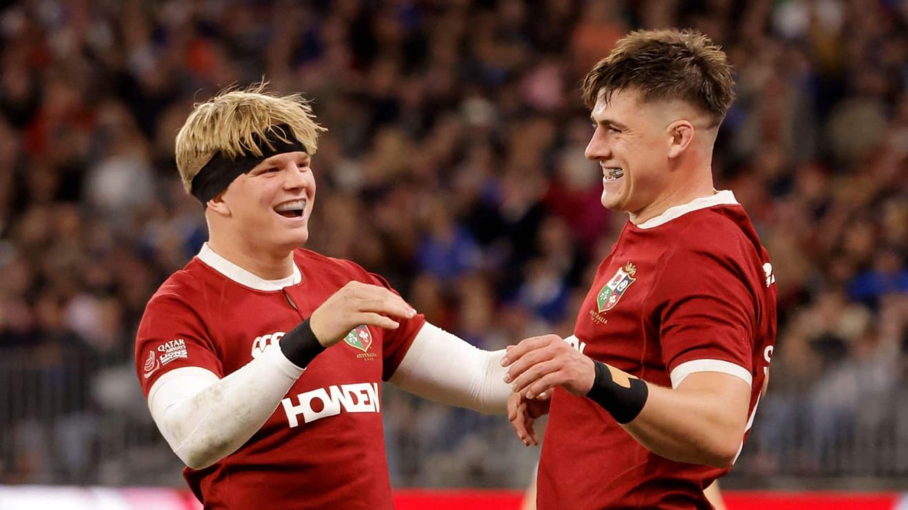 Dan Sheehan (right) of the Lions is congratulated by Henry Pollock after scoring a try at Optus Stadium in Perth.