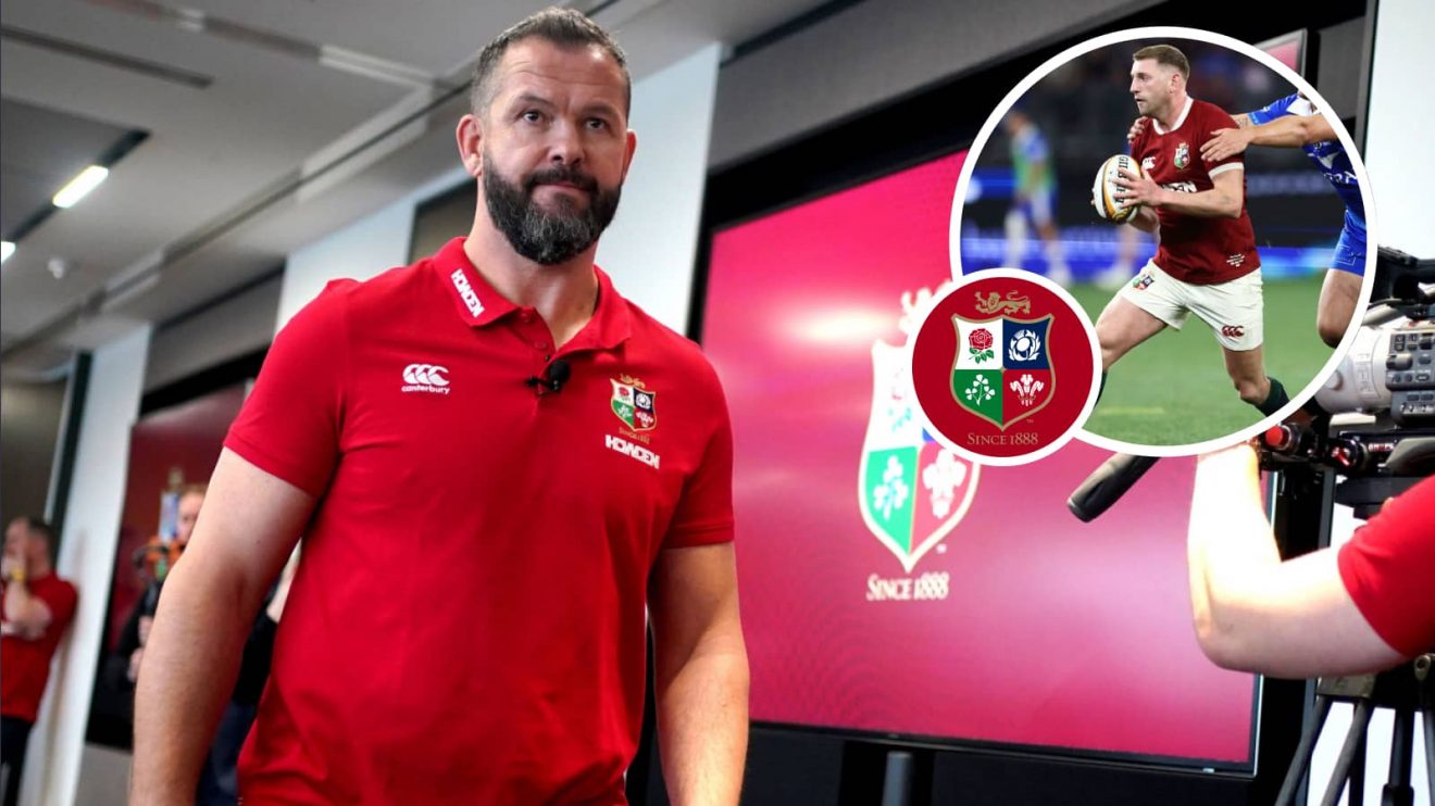 British and Irish Lions head coach Andy Farrell and fly-half Finn Russell (inset).
