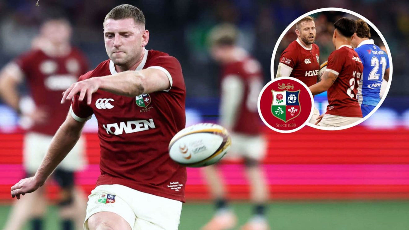 Finn Russell kicking against the Western Force and Marcus Smith alongside Elliot Daly (inset).