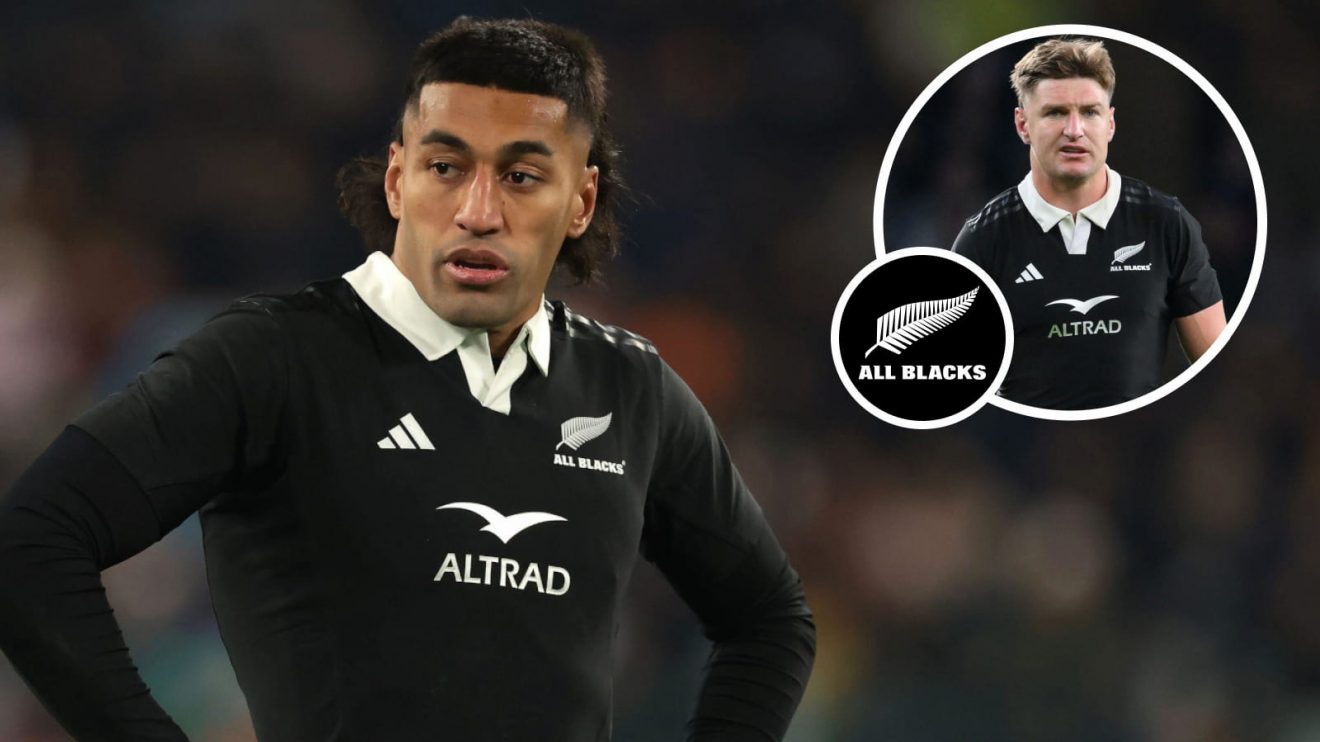 Rieko Ioane and Jordie Barrett (inset) in action for the All Blacks.
