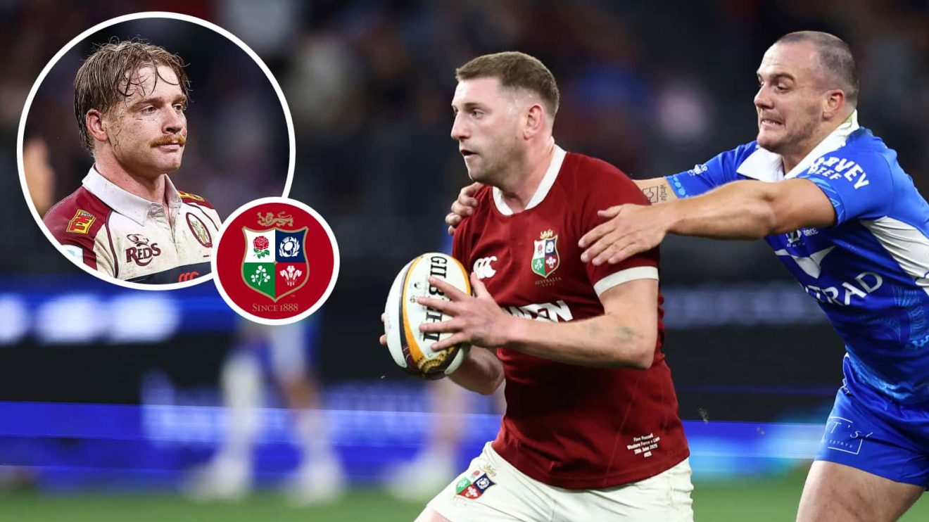 British and Irish Lions fly-half Finn Russell and an inset of Reds 10 Harry McLaughlin-Phillips.