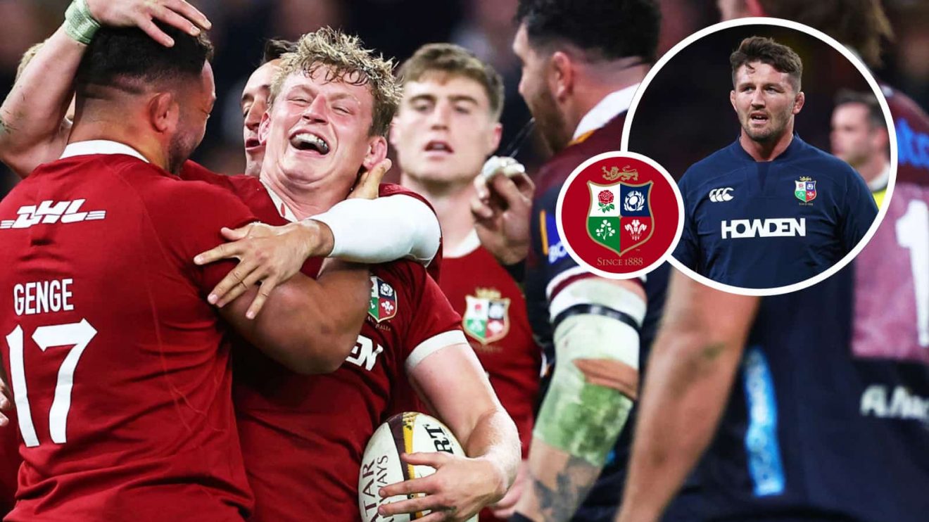 Jac Morgan celebrating Lions try v the Lions and fellow flanker Tom Curry (inset).