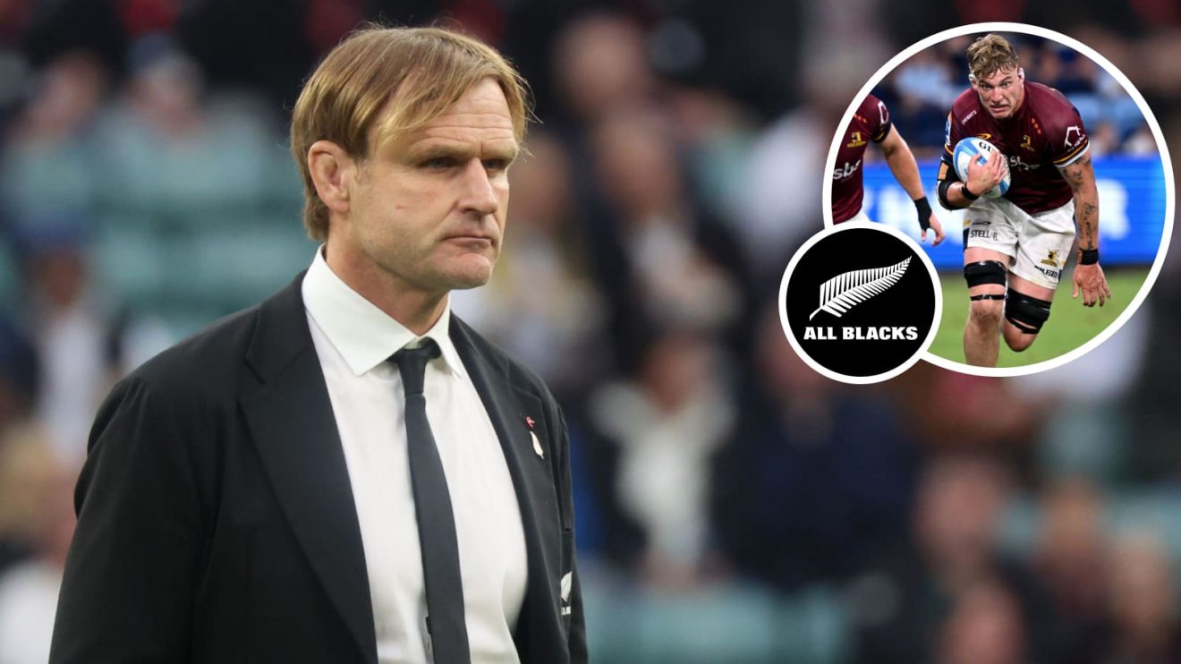 All Blacks head coach Scott Robertson and Fabian Holland in action for the Highlanders in 2025 (inset).