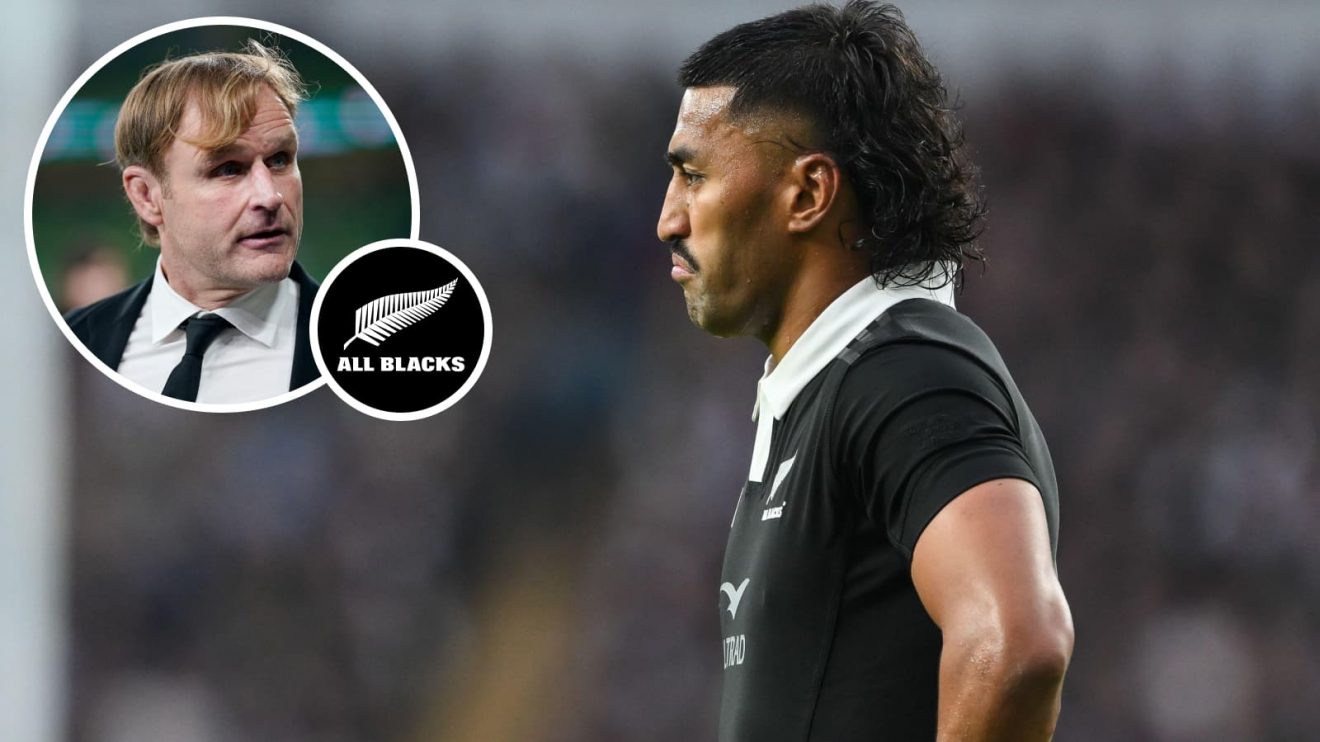 All Blacks back Rieko Ioane and head coach Scott Robertson.
