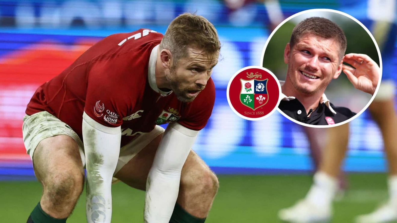 Injured British and Irish Lions back Elliot Daly and an inset of Owen Farrell.