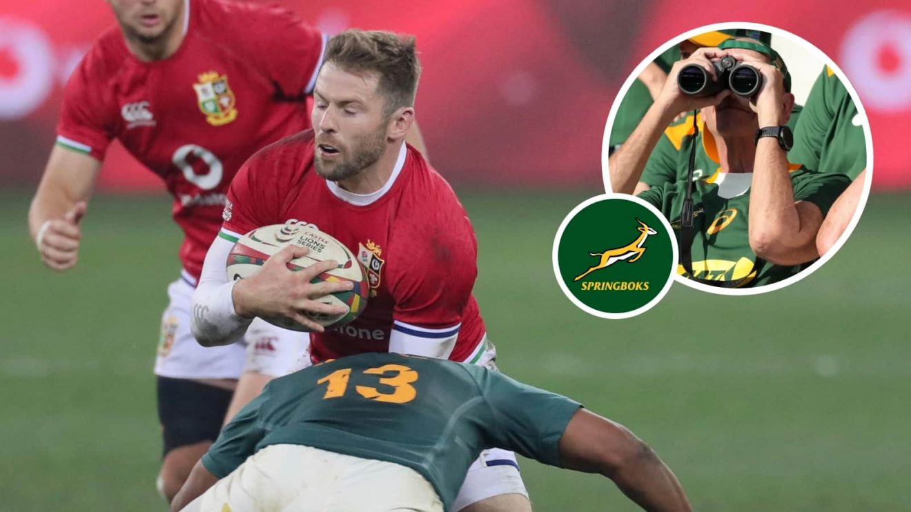 British and Irish Lions centre Elliot Daly and an inset of South African Rugby fans.