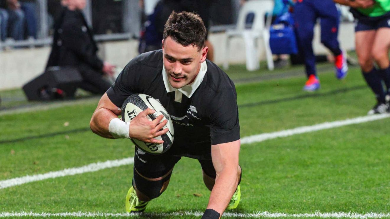New Zealand's Will Jordan scores a try against France in Dunedin.
