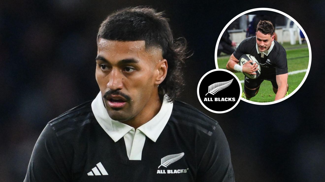 Rieko Ioanea and an inset of Will Jordan scoring for the All Blacks.